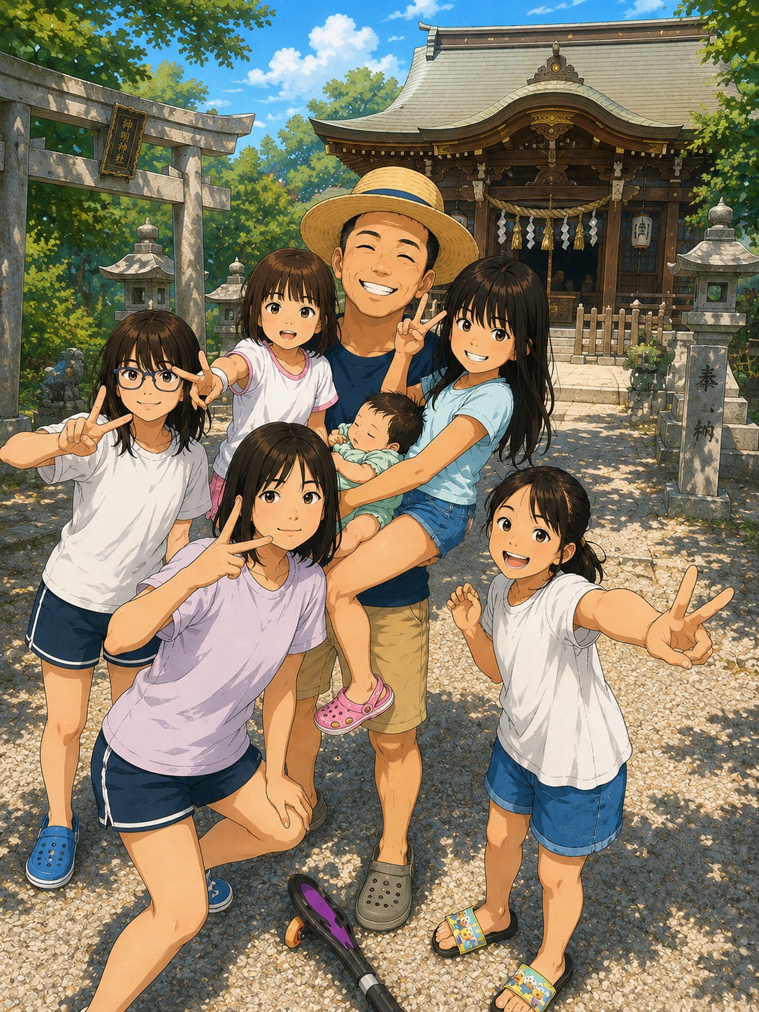 家族写真を撮る父親と娘たち
