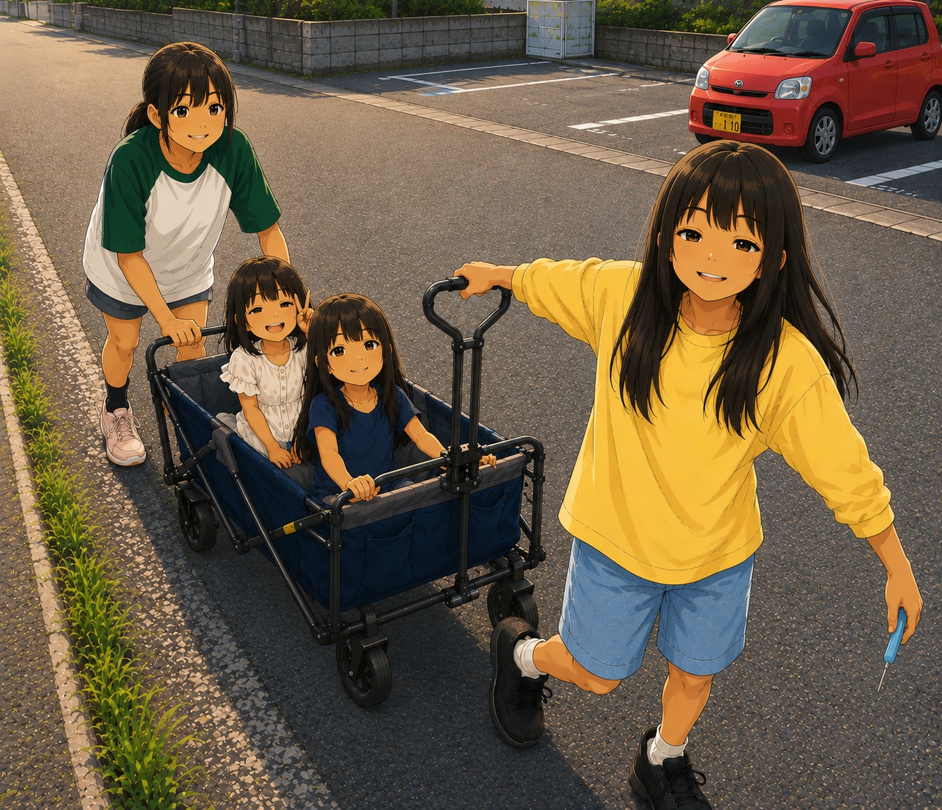 年上の子が年下の子を乗せたワゴンを押す、きょうだいの日常イラスト