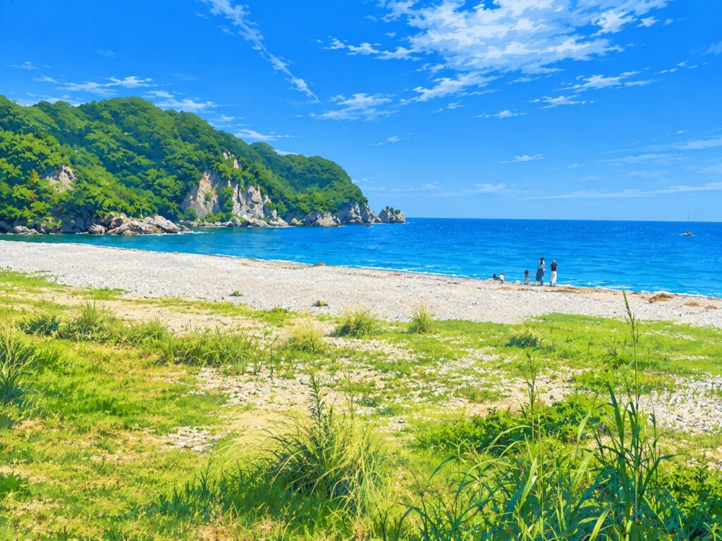 徳島の砂浜と青い海の夏の風景